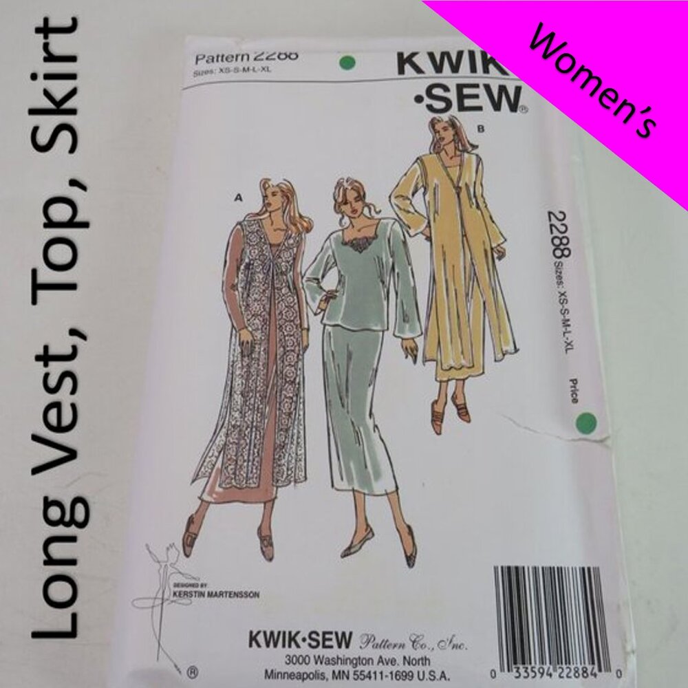 Kwik Sew 2288 sewing pattern UNCUT retro long vest, top, skirt